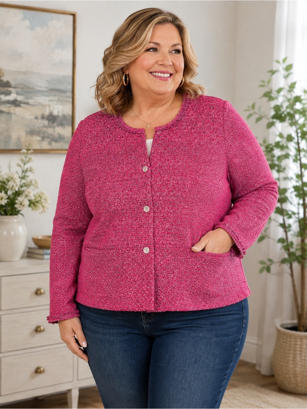 Talbots 22W Pink Tweed Knit Lady Jacket Chanel Style Plus Size Cardigan